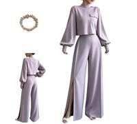 Women's Lantern Sleeve Cropped Top and High Waisted Wide Leg Pants Set