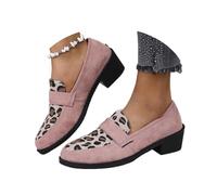 Women's Leopard-Print Suede Block-Heel Loafers, Comfortable Suede Round Toe Slip-on Penny Loafer Elegant Wide Office Shoes (Pink,42)