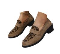 Women's Leopard-Print Suede Block-Heel Loafers, Comfortable Suede Round Toe Slip-on Penny Loafer Elegant Wide Office Shoes (Khaki,37)