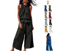 Women's Linen 2 Piece Outfits Sleeveless Ruffle Top Wide Leg Pants,Boho Summer Loungewear Matching Sets for Beach Travel (Black, S)