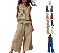 Women's Linen 2 Piece Outfits Sleeveless Ruffle Top Wide Leg Pants,Boho Summer Loungewear Matching Sets for Beach Travel (Khaki, L)