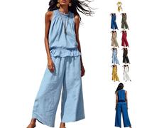 Women's Linen 2 Piece Outfits Sleeveless Ruffle Top Wide Leg Pants,Boho Summer Loungewear Matching Sets for Beach Travel (Light Blue, XXL)
