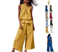 Women's Linen 2 Piece Outfits Sleeveless Ruffle Top Wide Leg Pants,Boho Summer Loungewear Matching Sets for Beach Travel (Yellow, S)