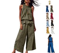 Women's Linen 2 Piece Outfits Sleeveless Ruffle Top Wide Leg Pants,Boho Summer Loungewear Matching Sets for Beach Travel (Green, S)