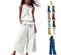 Women's Linen 2 Piece Outfits Sleeveless Ruffle Top Wide Leg Pants,Boho Summer Loungewear Matching Sets for Beach Travel (White, L)