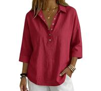 Women's Linen Blend Henley Shirt 3/4 Sleeve Casual Loose Blouse (Red,S)