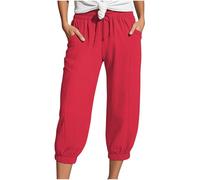 Women's Linen Wide Leg Pants Casual Loose High Waist Beach Haren Pants Pockets Tute Eleganti da (Red-c, L)