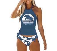 Women's Live Simple Coconut Tree Tankini Set Sexy Halter Neck Backless Swimsuit Drawstring Side Bathing Suit (S, Blue 2)