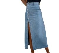Womens Long Denim Skirt Dark Blue High Waist Button Front Slit (Blue,XXL)