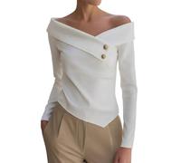 Womens Long Sleeve Blouse off Shoulder Dressy Work Top Asymmetrical Hem (White,M)