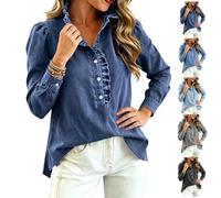 Womens Long Sleeve Denim Shirt,Button Down Collared Ruffled Edge Jean Top