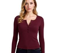 Women's Long Sleeve Henley Shirt Slim Fit Casual Basic Top Soft Stretchy Button Down Tee for Spring Fall Daily Wear Burgundy Color Fashion