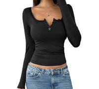 Womens Long Sleeve Top Lace Trim V Neck Ribbed Button Front Fitte (Black,M)