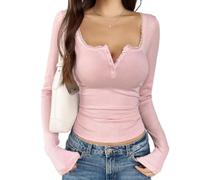 Womens Long Sleeve Top Lace Trim V Neck Ribbed Button Front Fitte (Pink,3XL)