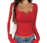 Womens Long Sleeve Top Lace Trim V Neck Ribbed Button Front Fitte (Red,XXL)