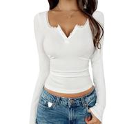 Womens Long Sleeve Top Lace Trim V Neck Ribbed Button Front Fitte (White,L)