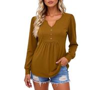 Women's Long Sleeve V Neck Button Down Tops Casual Loose Fit Tunic Shirts Soft Stretchy Blouse with Side Pockets for Fall Winter Daily Wear