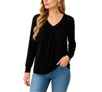 Women's Long Sleeve V Neck Tunic Top Solid Color Ruched Front Casual Blouse Soft Stretchy Loose Fit Shirt for Fall Winter Fashion Daily Wear