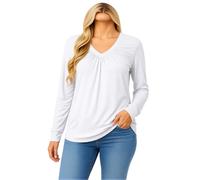 Women's Long Sleeve V Neck Tunic Top Solid Color Ruched Front Casual Blouse Soft Stretchy Loose Fit Shirt for Fall Winter Fashion Daily Wear