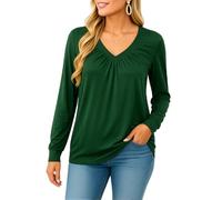 Women's Long Sleeve V Neck Tunic Top Solid Color Ruched Front Casual Blouse Soft Stretchy Loose Fit Shirt for Fall Winter Fashion Daily Wear
