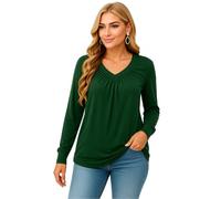 Women's Long Sleeve V Neck Tunic Tops Solid Color Ruched Front Casual Blouse Relaxed Fit Comfortable Pullover Shirt for Fall Winter Daily Wear
