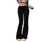 Womens Low Rise Flared Pants Solid Colour Elastic Hem Thermal Trousers Slim Fit Wide Fold Bottom Casual Autumn Winter Street Lounge Everyday Wear, 01-Black, S
