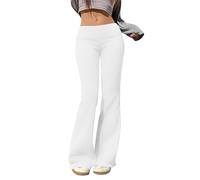 Womens Low Rise Flared Pants Solid Colour Elastic Hem Thermal Trousers Slim Fit Wide Fold Bottom Casual Autumn Winter Street Lounge Everyday Wear, 03-White, L