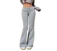 Womens Low Rise Flared Pants Solid Colour Elastic Hem Thermal Trousers Slim Fit Wide Fold Bottom Casual Autumn Winter Street Lounge Everyday Wear, 02-Grey, S