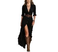Women's Maxi Shirt Dress Button Front Long Sleeve Ruched Waist with Belt (Black,XL)