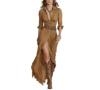 Women's Maxi Shirt Dress Button Front Long Sleeve Ruched Waist with Belt (Brown,L)
