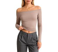 Women's off Shoulder Long Sleeve Crop Top Slim Fit Basic Tee Casual Stretchy One Shoulder Blouse Solid Color Fall Winter for Party Club Wear