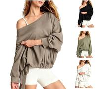 Women's off Shoulder Sweatshirt,Adjustable Drawstring Batwing Long Sleeve Casual Sweatshirts,Loose Batwing Sleeve Pullover
