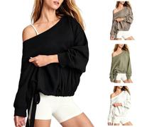 Women's off Shoulder Sweatshirt,Adjustable Drawstring Batwing Long Sleeve Casual Sweatshirts,Loose Batwing Sleeve Pullover