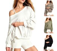 Women's off Shoulder Sweatshirt,Adjustable Drawstring Batwing Long Sleeve Casual Sweatshirts,Loose Batwing Sleeve Pullover