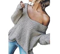 Women's off-The-Shoulder Sweater Loose Lightweight Pullover Top, 2025 New V-Neck Hollow Knitted Long-Sleeved Solid Color (Gray,M)