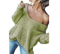 Women's off-The-Shoulder Sweater Loose Lightweight Pullover Top, 2025 New V-Neck Hollow Knitted Long-Sleeved Solid Color (Green,M)