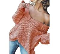 Women's off-The-Shoulder Sweater Loose Lightweight Pullover Top, 2025 New V-Neck Hollow Knitted Long-Sleeved Solid Color (Pink,XL)