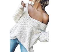 Women's off-The-Shoulder Sweater Loose Lightweight Pullover Top, 2025 New V-Neck Hollow Knitted Long-Sleeved Solid Color (White,M)