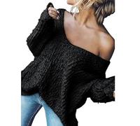 Women's off-The-Shoulder Sweater Loose Lightweight Pullover Top, 2025 New V-Neck Hollow Knitted Long-Sleeved Solid Color (Black,L)