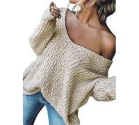 Women's off-The-Shoulder Sweater Loose Lightweight Pullover Top, 2025 New V-Neck Hollow Knitted Long-Sleeved Solid Color (Apricot,XL)