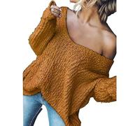 Women's off-The-Shoulder Sweater Loose Lightweight Pullover Top, 2025 New V-Neck Hollow Knitted Long-Sleeved Solid Color (Orange,L)