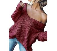 Women's off-The-Shoulder Sweater Loose Lightweight Pullover Top, 2025 New V-Neck Hollow Knitted Long-Sleeved Solid Color (Red,S)