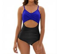 Women's One Piece Swimsuit Tummy Control Bathing Suit Slimming Color Block Cut out Ruched Beach Swimwear 2026 Summer(Dark Blue,Large)