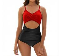 Women's One Piece Swimsuit Tummy Control Bathing Suit Slimming Color Block Cut out Ruched Beach Swimwear 2026 Summer(Red,S)