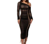 Womens One Shoulder Long Sleeve Mesh Ruched Bodycon Midi Dress (Black,XS)