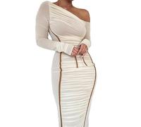 Womens One Shoulder Long Sleeve Mesh Ruched Bodycon Midi Dress (White,XS)
