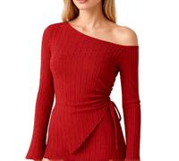 Women's One Shoulder Ribbed Knit Top Long Flare Bell Sleeve Asymmetrical Hem Side Tie Crop Blouse Spring Summer Casual Party Clubwear Red Style