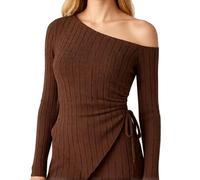 Women's One Shoulder Ribbed Knit Top Long Flare Bell Sleeve Asymmetrical Hem Side Tie Crop Blouse Spring Summer Casual Party Clubwear Red Style