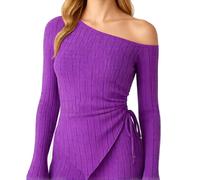 Women's One Shoulder Ribbed Knit Top Long Flare Bell Sleeve Asymmetrical Hem Side Tie Crop Blouse Spring Summer Casual Party Clubwear Red Style