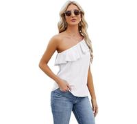 Women's One Shoulder Ruffle Top Sleeveless Eyelet Lace Blouse Summer Casual Asymmetrical Solid Color Tank Tops for Beach Party Vacation